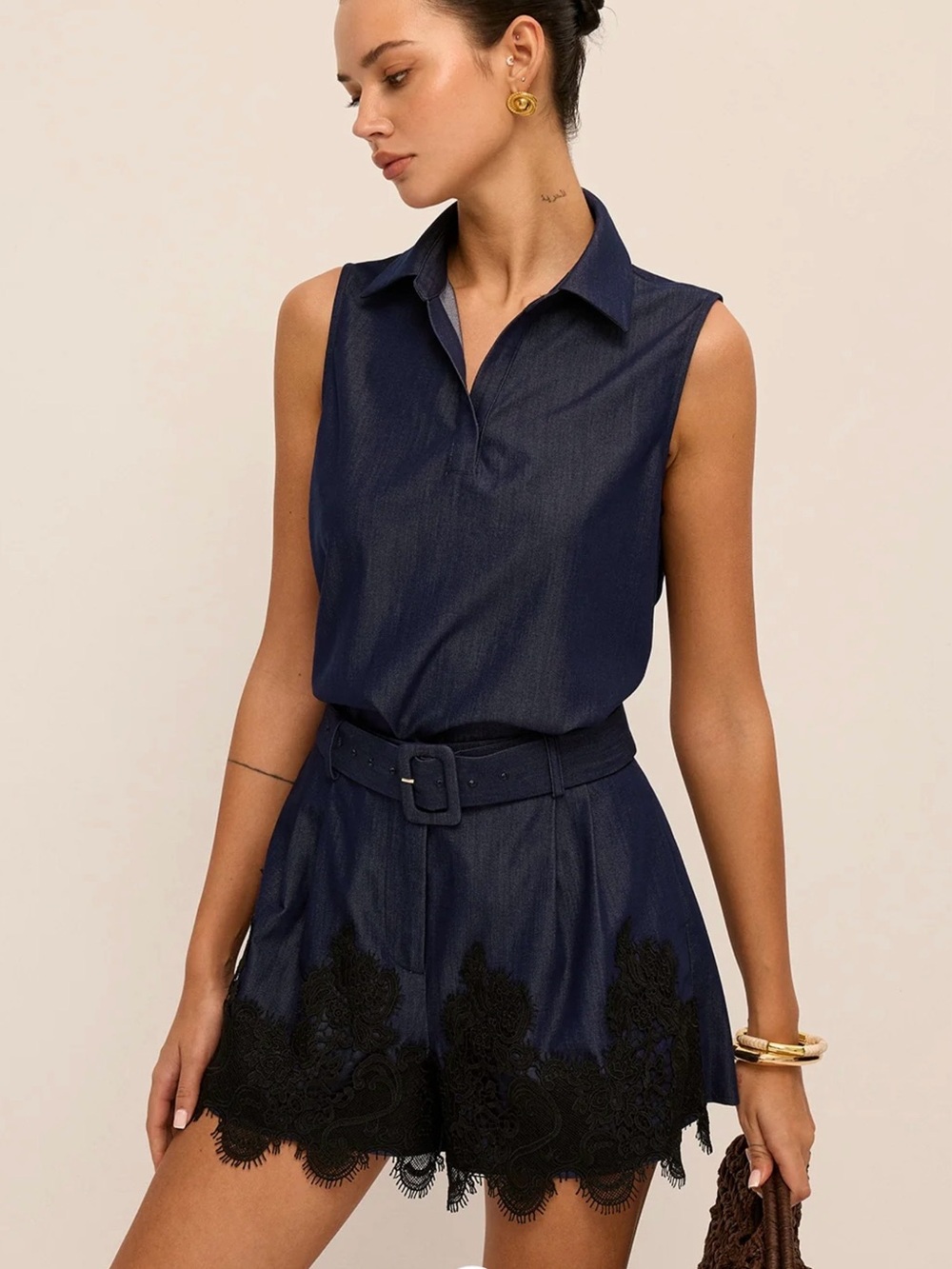 Commense Sleeveless Polo & Lace-Hem Shorts Set - Large